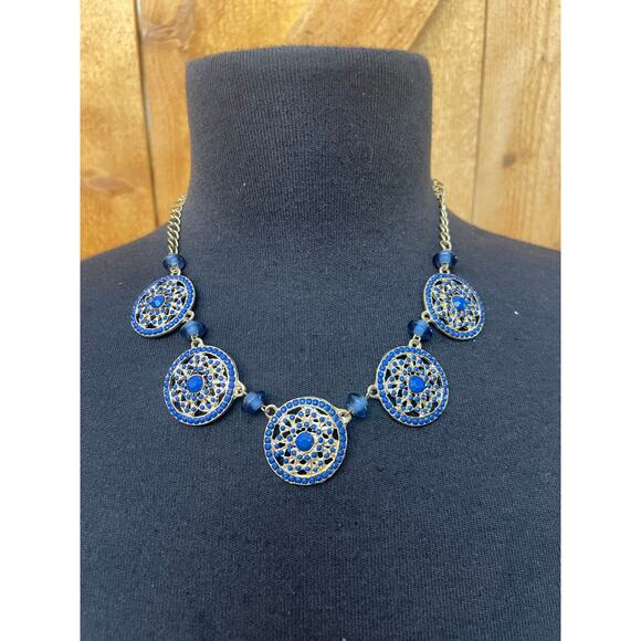 Women's Necklace Earring Set Gold Blue Stone Statement Beautiful - Picture 3 of 8